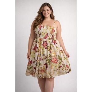 LOVE Dress 1X Plus Floral Smocked Bodice Boho Cottagecore Y2K Rayon Handkerchief